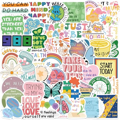 Geestelijke Gezondheid Stickers voor tieners en volwassenen, 50 stuks, Geestelijke Gezondheid Vinyl Sticker Set, Auto, Motorfiets, Fiets, Skateboard, Snowboard, Bagage, Laptop, Koffer, Helm, Motorfiets