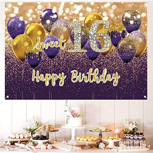 16e verjaardag decoratie meisjes, Violet stof sign poster, gelukkig 16 verjaardag achtergrond Banner meisje verjaardag feest decoratie