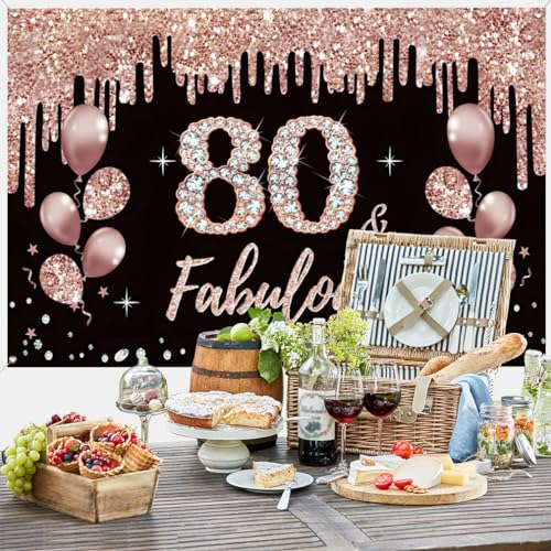 80e verjaardag decoratie voor vrouwen, 80e verjaardag decoratie zwart en rose goud glitter vlekken stof teken poster 80e verjaardag achtergrond banner vrouw 80e verjaardag feest decoratie 4