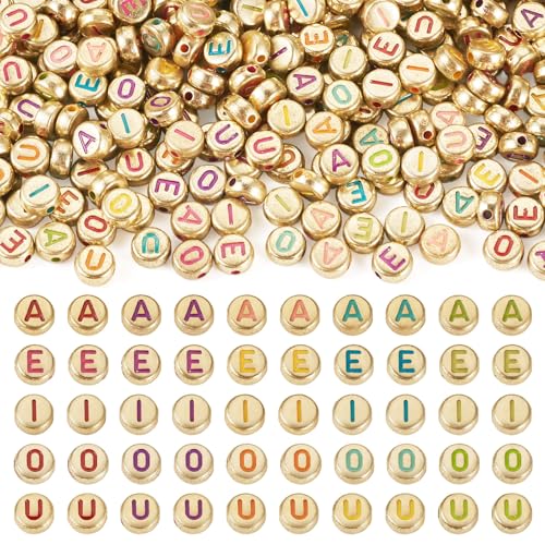 500 st Kralen voor Klinker 7mm Goud Flat Ronde Crafts Letter Kralen A-E-I-O-U Opaque Acryl Spacer Kralen Bulk voor Levering DIY armband ketting sieraden Makin
