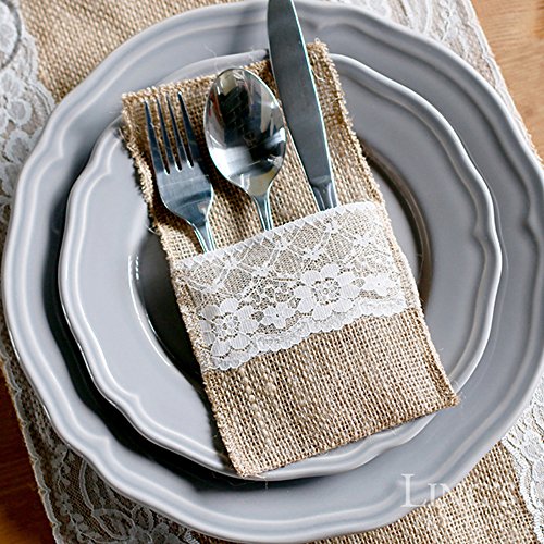 20 st. Jute Bestek Tassen, Bestekhouders, Jute met Kant, Messen en vorken, Bestek Set, Bruiloft, Vintage Decoratie, Tafel Decoratie voor feest, Bruiloft, Huis 3