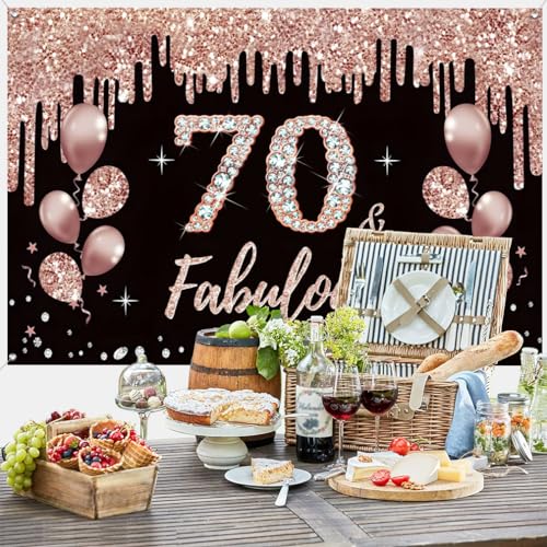 70e verjaardag decoratie voor vrouwen, 70e verjaardag decoratie zwart en rose goud glitter vlekken stof schild plaard 70e verjaardag achtergrond banner vrouw 70e verjaardag feest decoratie 4