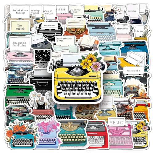 Typeschrijver Stickers voor tieners en volwassenen, 50 stuks, Retro Typewriter, Waterdichte Vinyl Sticker Set, Auto, Motorfiets, Fiets, Skateboard, Snowboard, Bagage, Laptop, Koffer, Helm, Motorfiets
