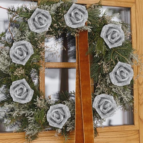 Glitter rozen 50 st Schuim Kunstbloemen Rozen Echte nep bloemen Bulk met stam voor DIY bruiloft boeketten Tafel Centerpieken Krans Home Party Decoration rood 5