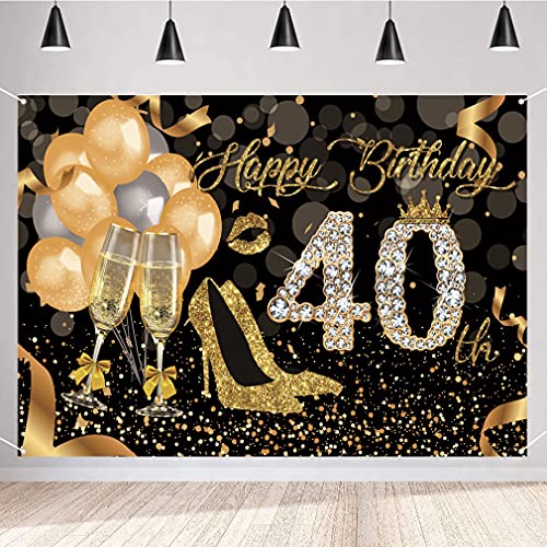 40e verjaardag decoratie verjaardag decoratie voor vrouwen / vrouwen, gelukkig 40e Verjaardag Banner Stof Tekenposter Foto Booth Achtergrond voor 40e verjaardag feest, ballon, hoge hakken en Champagne glas
