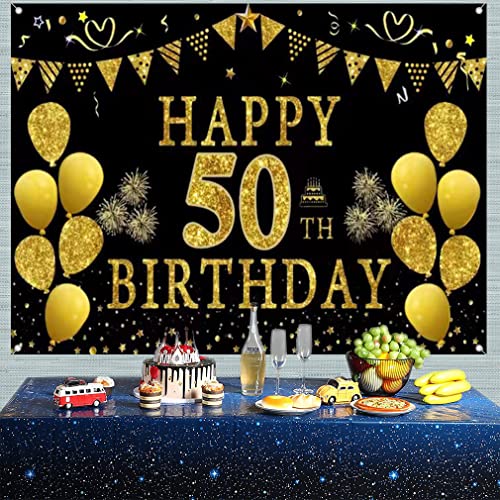 50e verjaardag Decoratie voor mannen/vrouwen, 50e verjaardag Stof Teken poster 50e verjaardag partij achtergrond Banner Verjaardag Decoratie zwart en goud, 150cm x 90cm 3