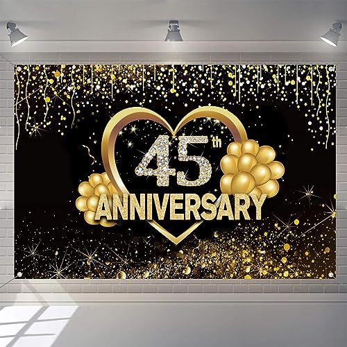 Happy 45th Anniversary Decorations Achtergrond Banner, 45 Years bruiloft Anniversary Fabric Sign Poster, Black en Gold Photo Achtergrond Party Supplies Welkom Sign, 150cmx90cm