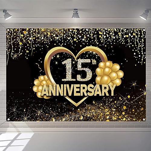 Gefeliciteerd 15e verjaardag Banner achtergrond decoraties, bruiloft verjaardag 15e gelukkige verjaardag partij poster accessoires stof sign poster, zwart goud verjaardag decor, 1.5m