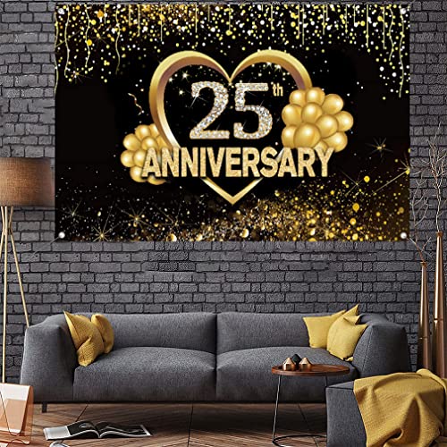 Happy 25th Anniversary Decoration Banner, 25th bruiloft Anniversary Party Supplies Fabric Sign Poster, zwart en goud achtergrond Decor foto achtergrond Welkom Sign, 150cmx90cm 5