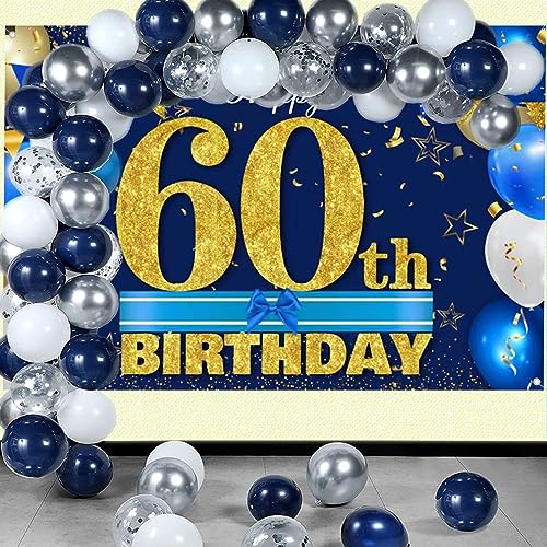 60e verjaardag Decoratie voor mannen/vrouwen, 60e Verjaardagsstof Tekenposter 60th Anniversary Party Achtergrond Banner Verjaardag Decoratie Blauw en Goud, 1.5 Meters 3