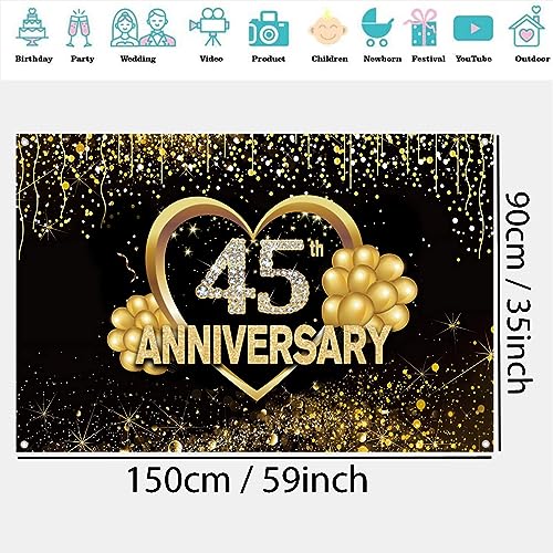 Happy 45th Anniversary Decorations Achtergrond Banner, 45 Years bruiloft Anniversary Fabric Sign Poster, Black en Gold Photo Achtergrond Party Supplies Welkom Sign, 150cmx90cm 5