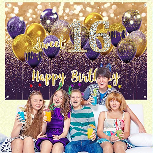 16e verjaardag decoratie meisjes, Violet stof sign poster, gelukkig 16 verjaardag achtergrond Banner meisje verjaardag feest decoratie 4