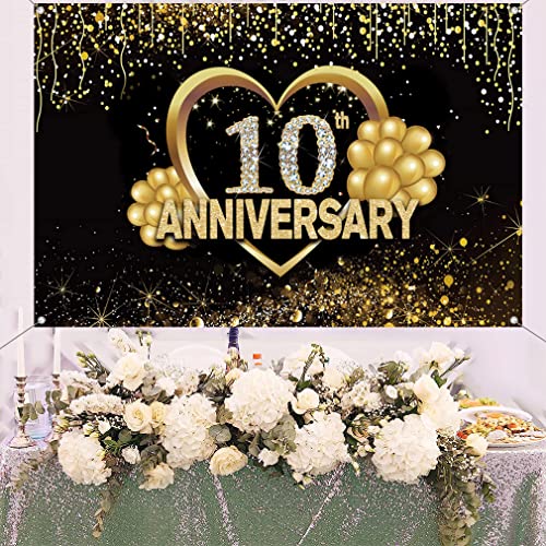 Happy 10th Anniversary Decoration Banner, 10th Bruiloft Anniversary Party Supplies Fabric Sign Poster, zwart en goud achtergrond Decor Photo Achtergrond Welkom Sign, 150cmx90cm 5