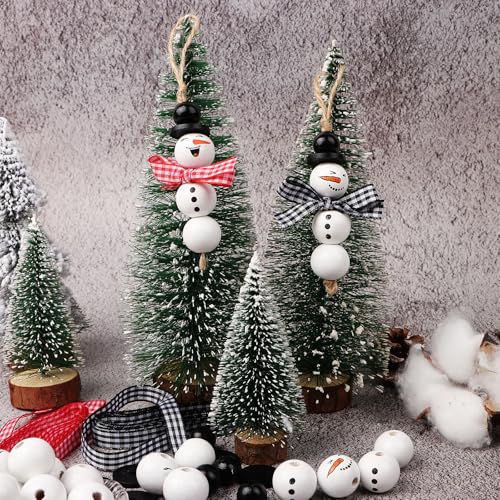 10 sets van sneeuwman houten kralen kits Xmas kraal met hennep touw rode plaid lint voor kerstboom DIY ambachten maken nieuwjaar feest decoraties 3