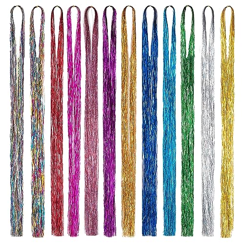 Verpakking van 12 kleurrijke haarextensies, 39 inch, glanzende haarextensies, feeënhaar, 12 kleuren, Lametta haarextensie, 1200 strengen, hittebestendig voor vrouwen, meisjes, partij, Cosplay