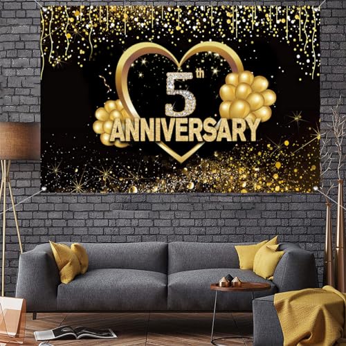 Gelukkige 5e verjaardag achtergrond decoraties, gelukkig voor 5 jaar verjaardag Banner, 5e bruiloft Party Poster Accessoires Stof Tekenposter, Black Gold Anniversary Cookies Foto Achtergrond 5