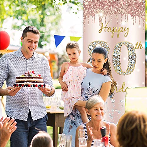 80th Birthday Decoration - Gelukkige Verjaardag Deur Banner Rose Gold, Stof Tekenposter, Achtergrond Banner voor Vrouwen, Verjaardagsfeest Welkom Sign 5