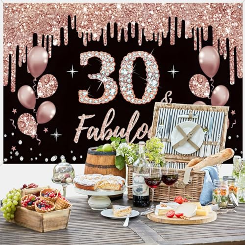 30e verjaardag decoratie voor vrouwen, 30e verjaardag decoratie zwart en roos goud glitter vlekken stof schild poster, 30e verjaardag achtergrond banner vrouw 30e verjaardag feest decoratie 4