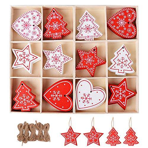 SERWOO Set van 48 Houten Kerstversieringen met Hole Kerstboom + 2 Opbergdozen + 5 Touwen Ornament Kerstaccessoires Kerstversiering Boomboom (12 Modellen)