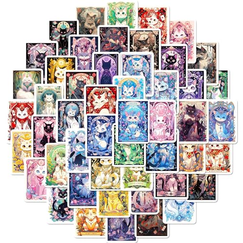 Kat Tarot Stickers Set kinderen tiener 50 stuks Kat Tarot waterdicht Vinyl Decals Laptop Skateboard Kofferhelm Autofiets mobiele telefoon Motorrijwiel Scrapbook Dagboekbekers